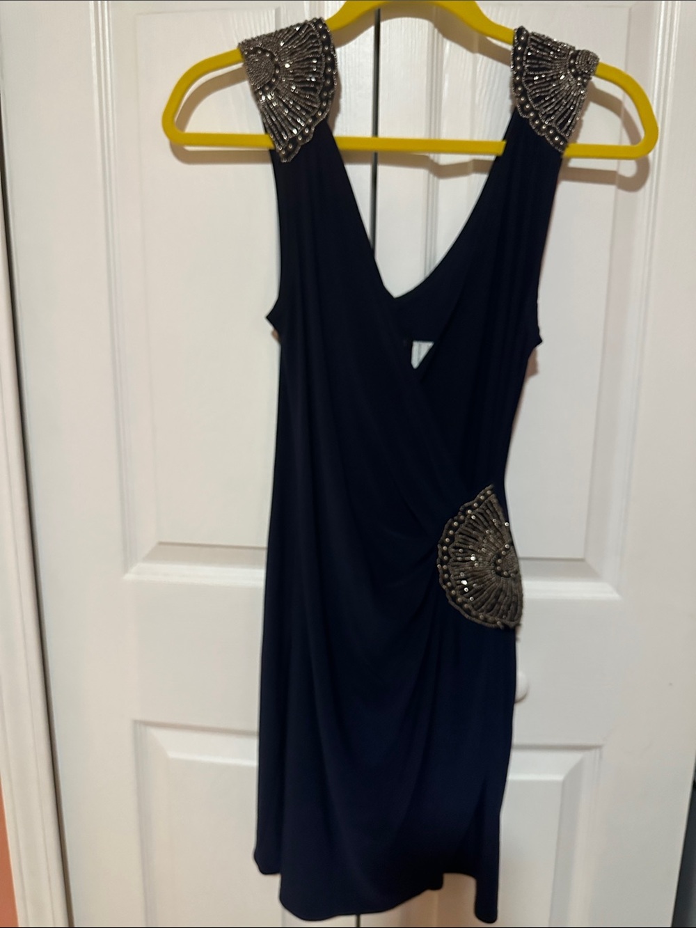 B. Smart Navy One-Shoulder Dress with Beaded Accents